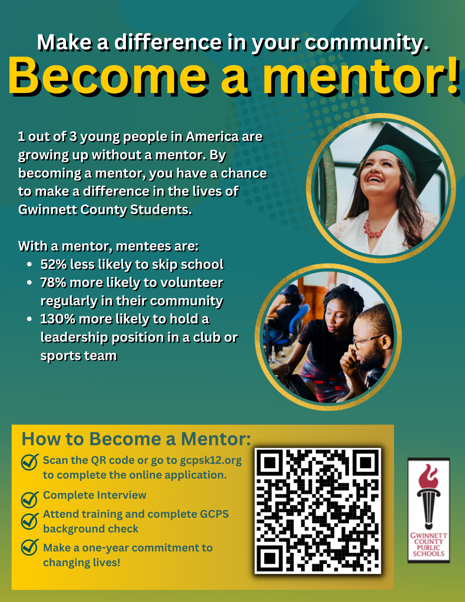 How to become a mentor:  scan QR code or go to gcpsk12.org